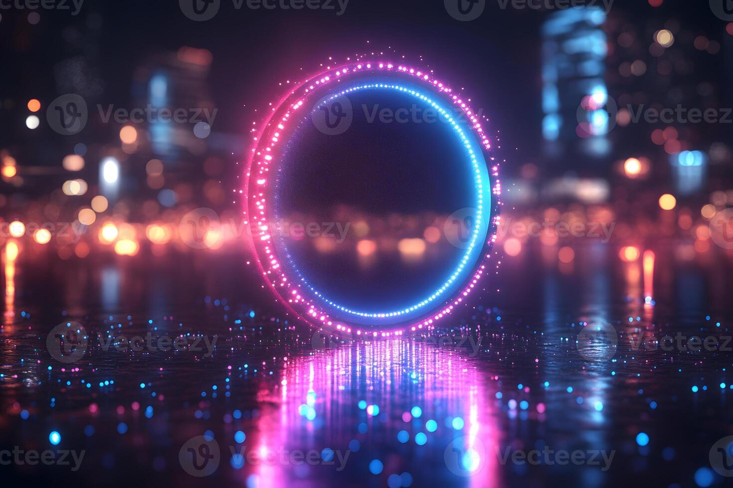 Futuristic Neon Ring with Vibrant Cityscape Reflection - Digital Art Design for Posters photo