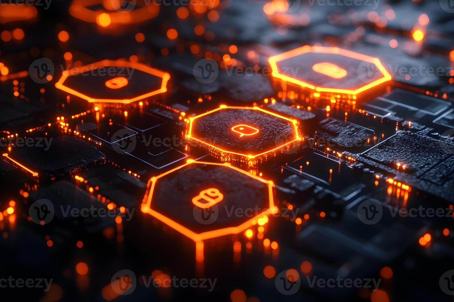 Futuristic Cybersecurity Concept with Glowing Digital Shields for Technology Design photo
