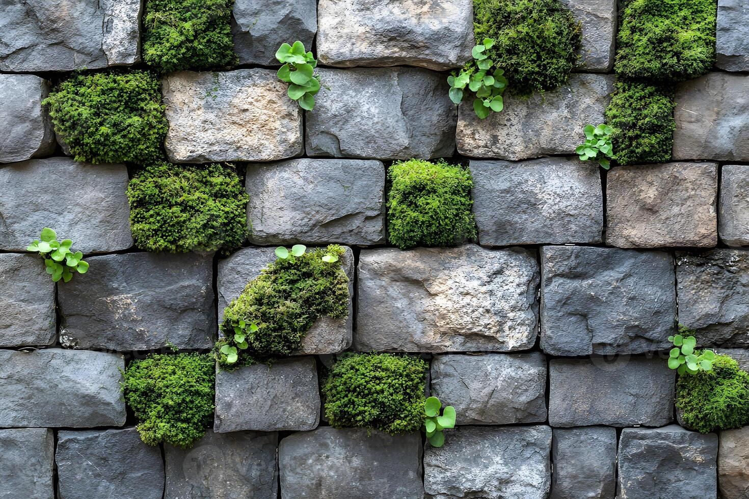 Nature and Architecture Stone Wall with Green Moss and Foliage Integration for Eco Design photo