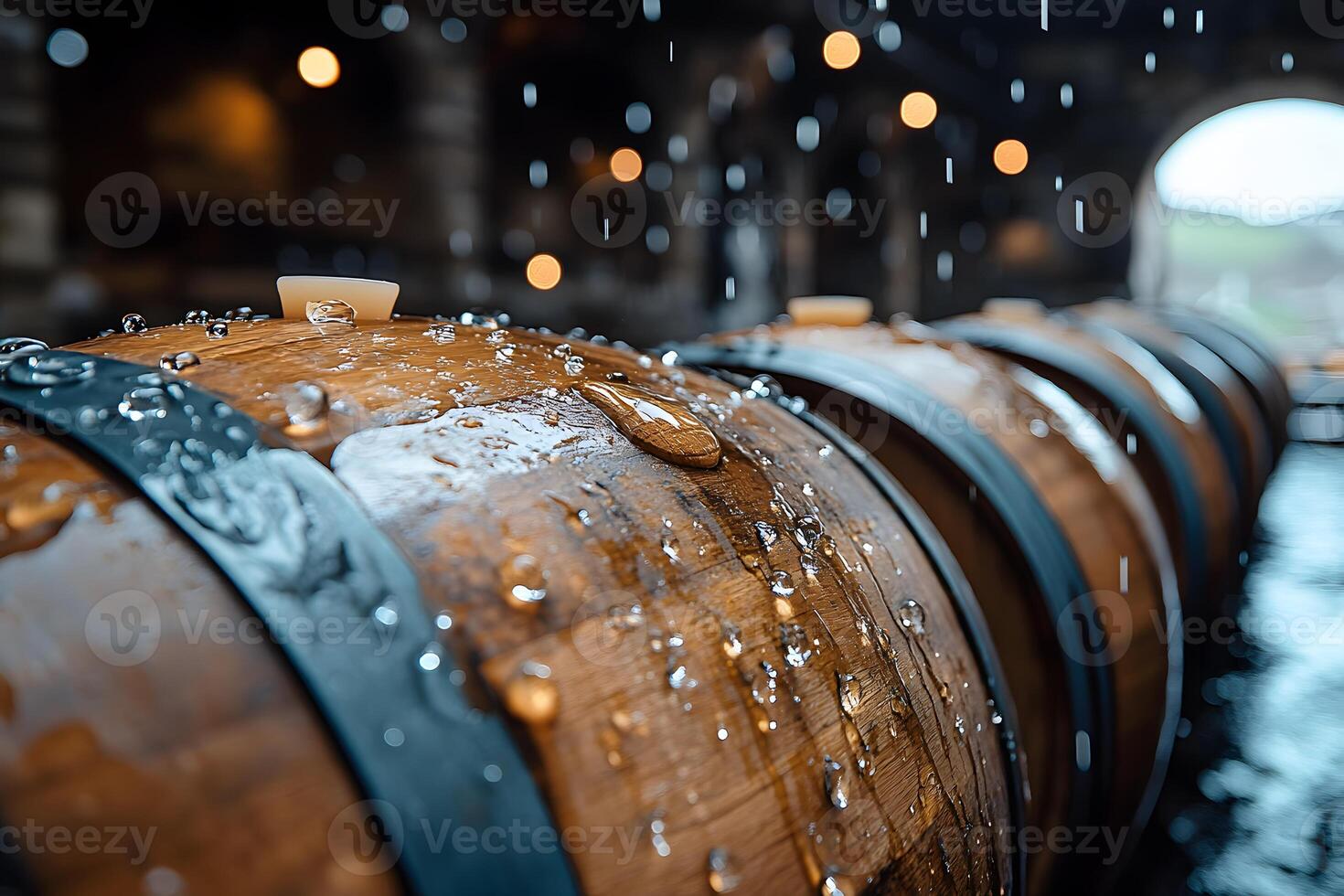 Rustic Winery Barrel with Water Droplets in Atmospheric Cellar Setting photo