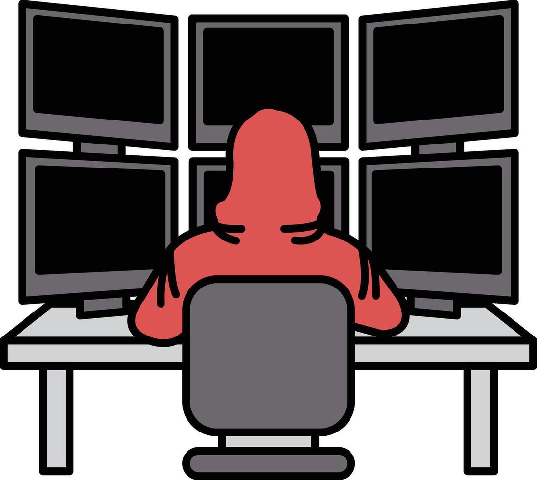 un hombre en un rojo capucha se sienta en frente de un computadora monitor con un teclado vector