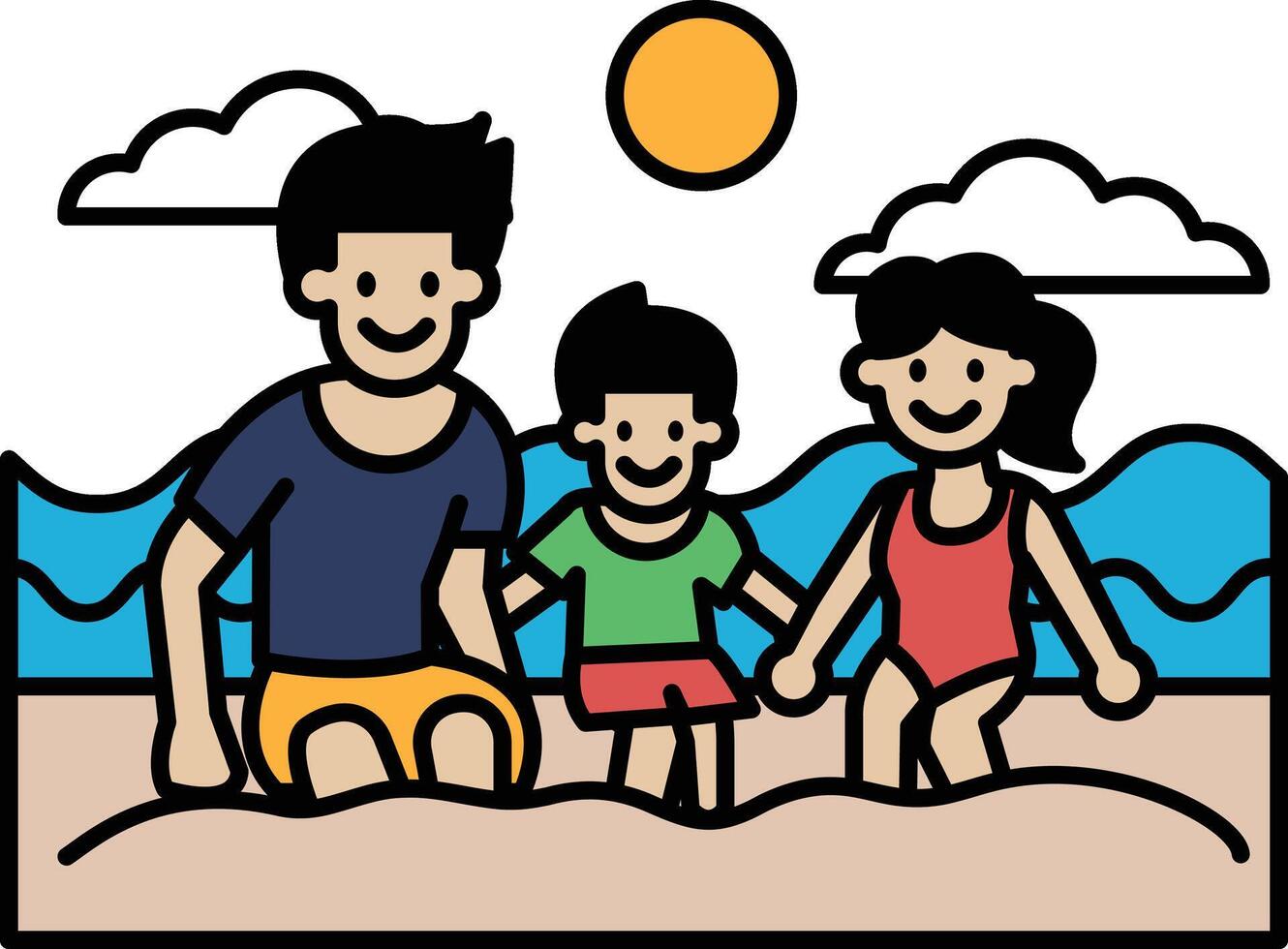 A man, a boy and a girl are sitting on the beach vector