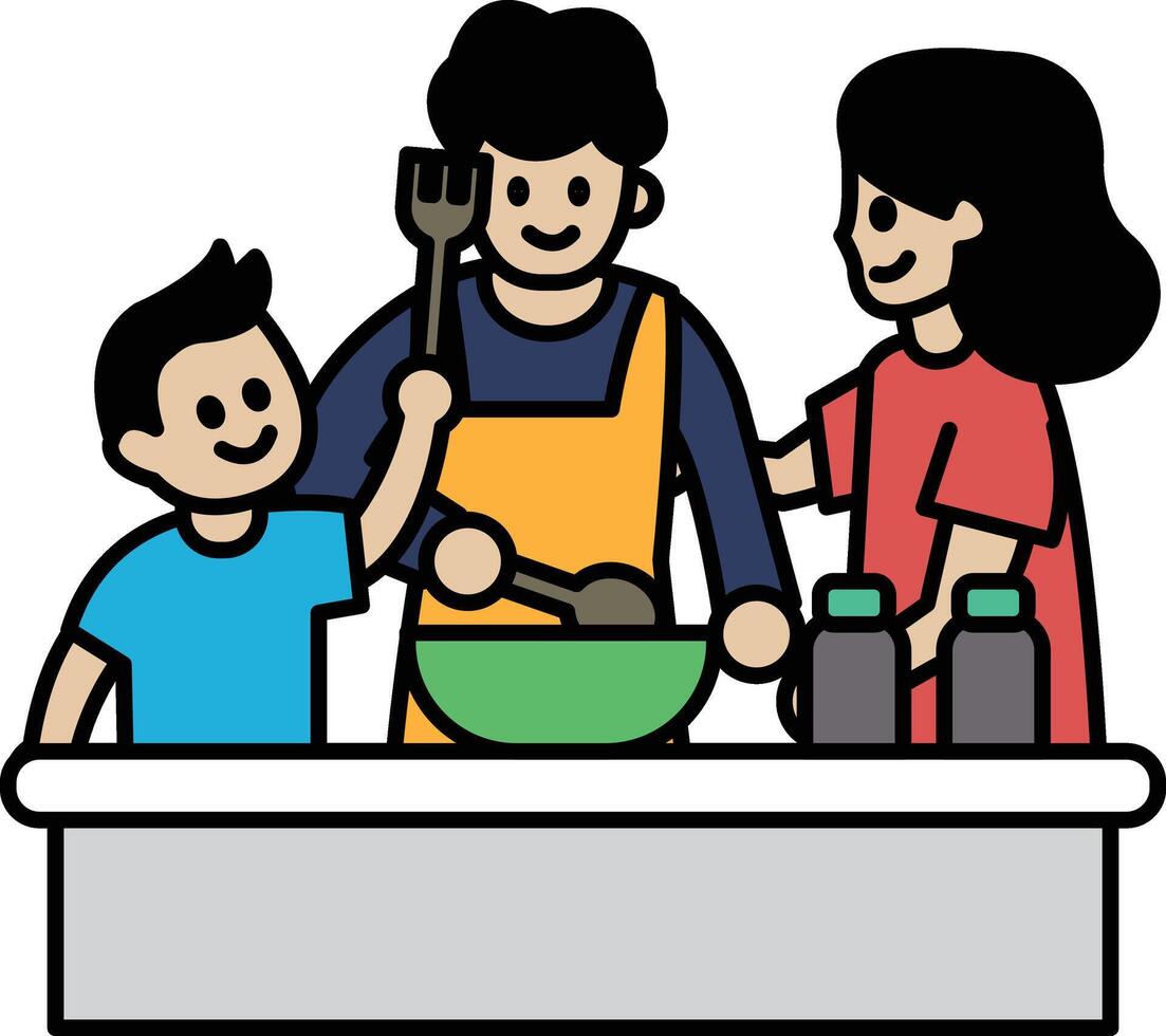 A cartoon of a family cooking together vector