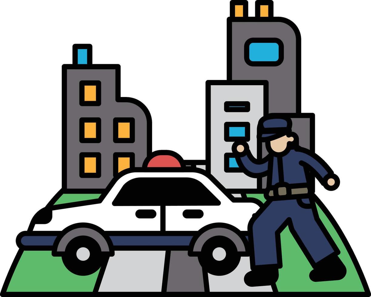 A police officer is standing in front of a car, holding a stop sign vector