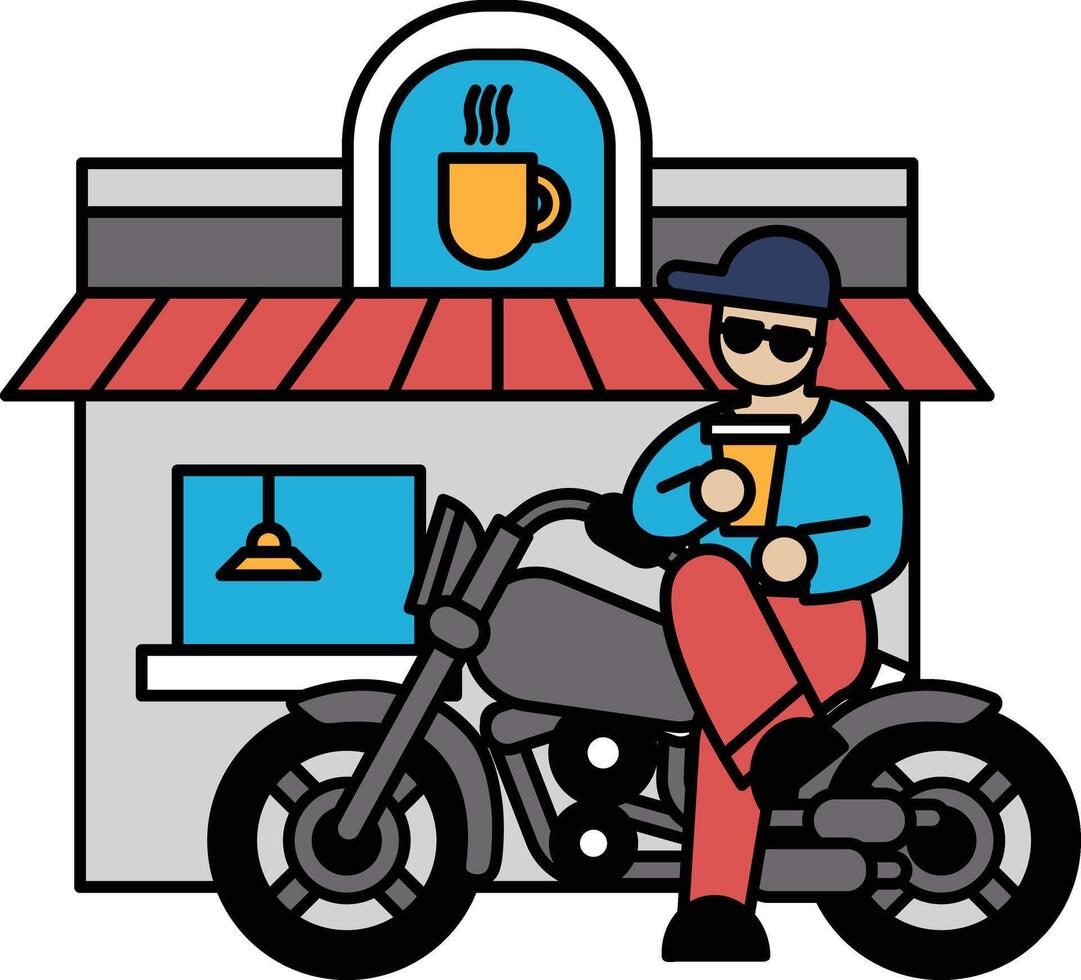 A man is sitting on a motorcycle in front of a coffee shop vector