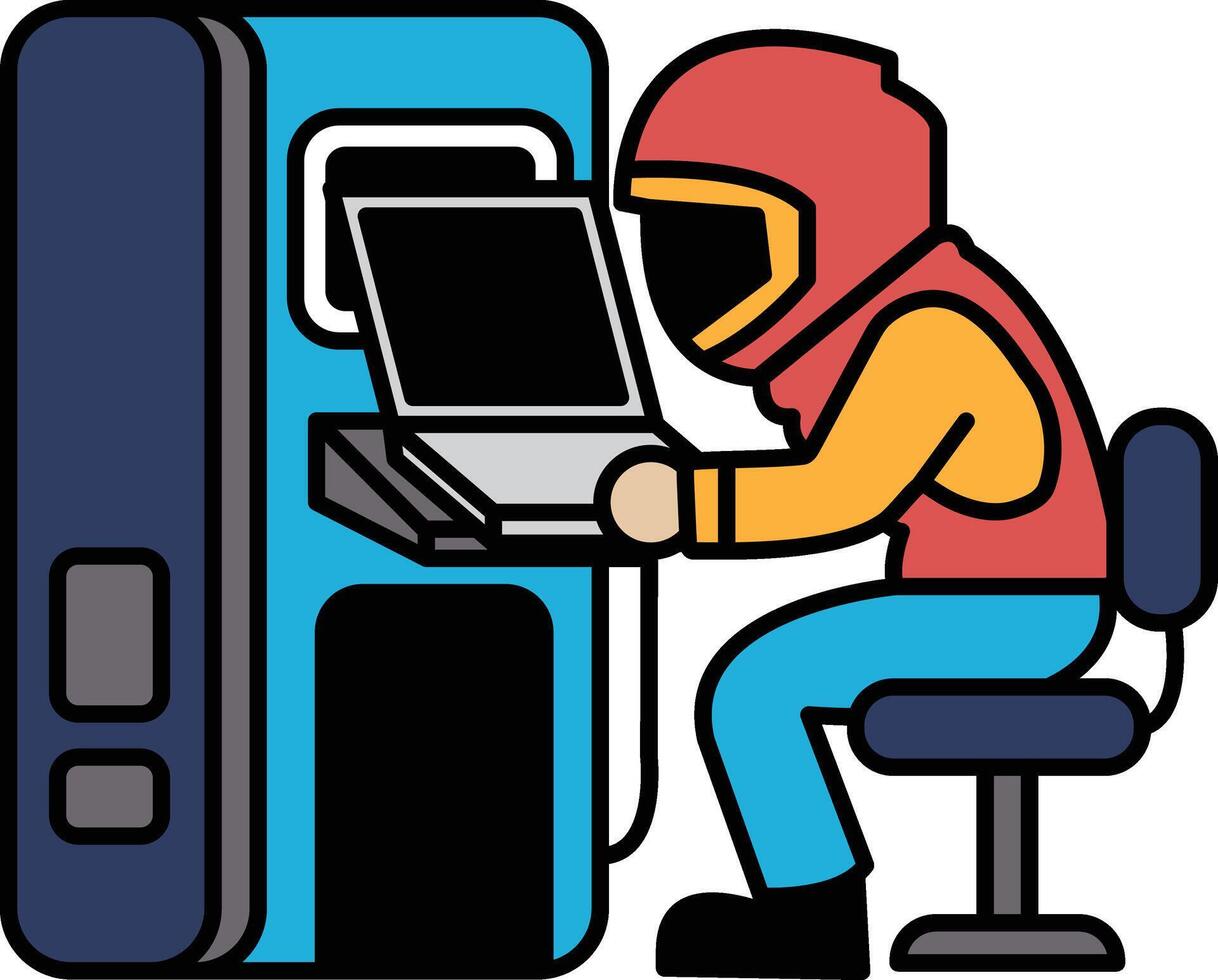 A man is sitting in front of a vending machine, typing on a laptop vector