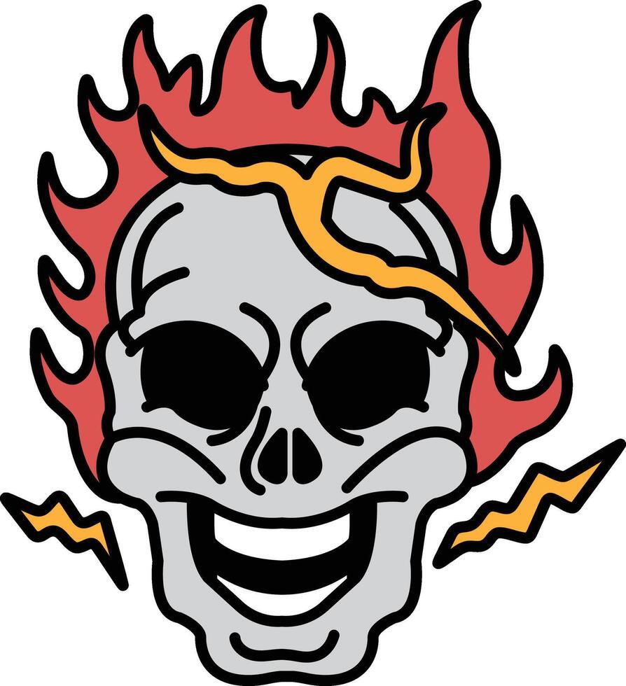 A skull with a smile on its face and flames coming out of its head vector