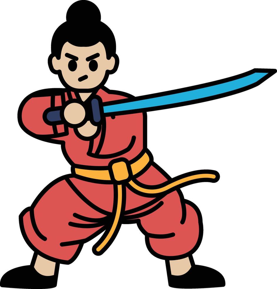 A cartoonish drawing of a man in a red outfit holding a sword vector