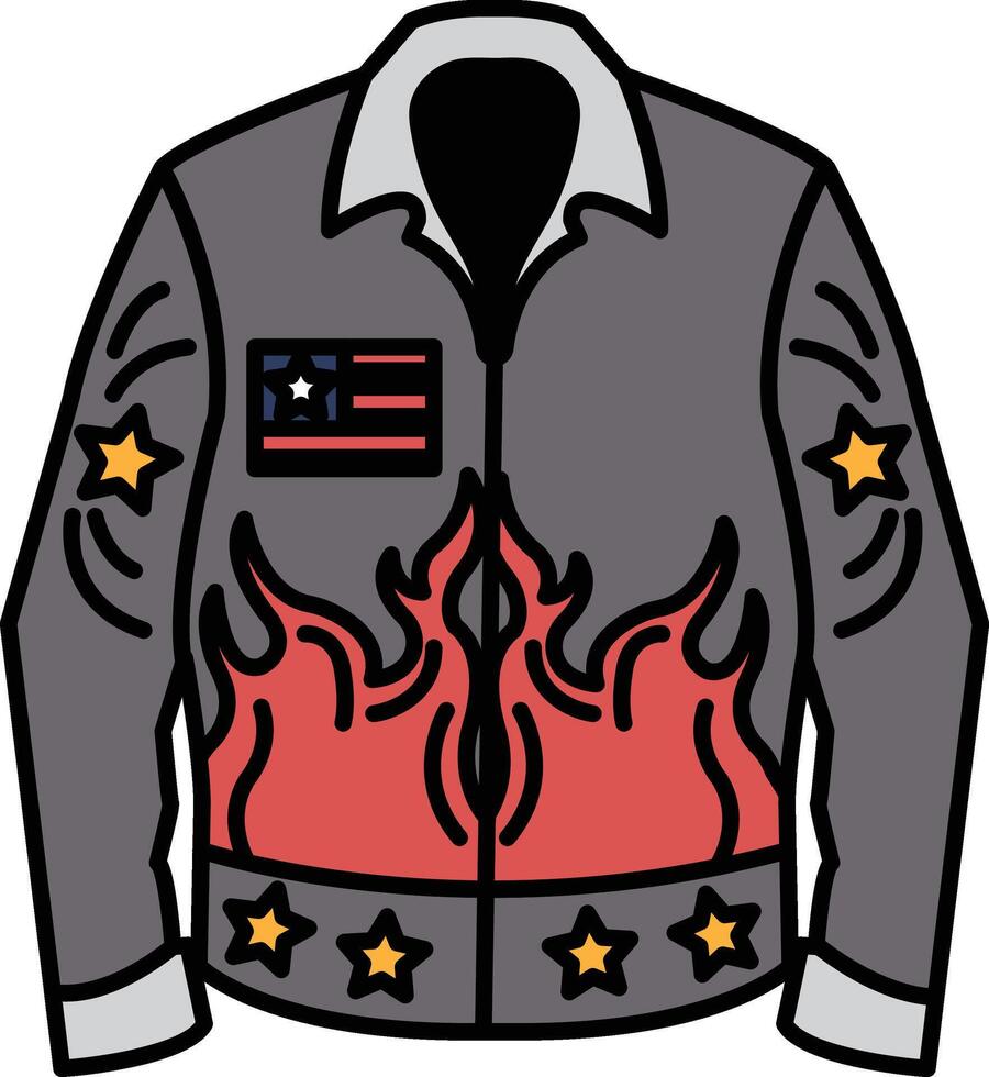 A cartoon drawing of a man's jacket with flames on it vector