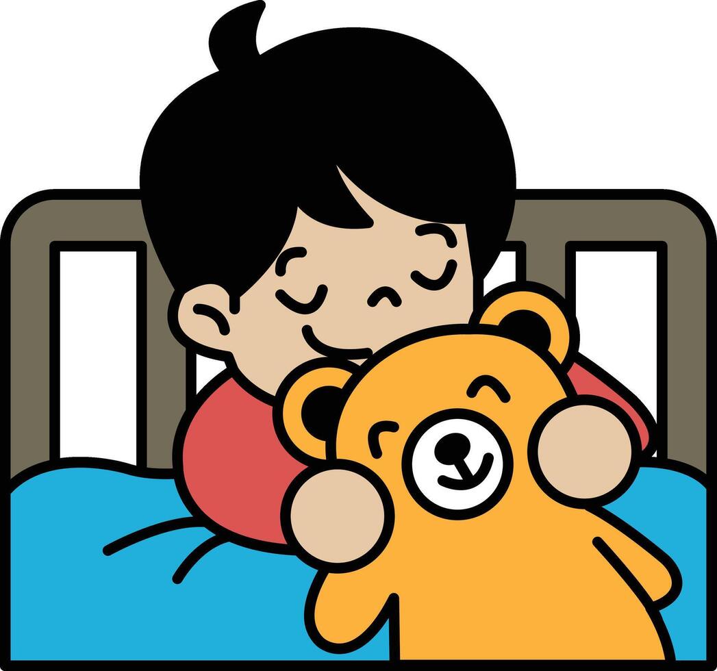 A boy is sleeping with a teddy bear vector