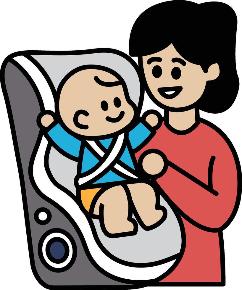 A cartoon of a woman holding a baby in a car seat vector