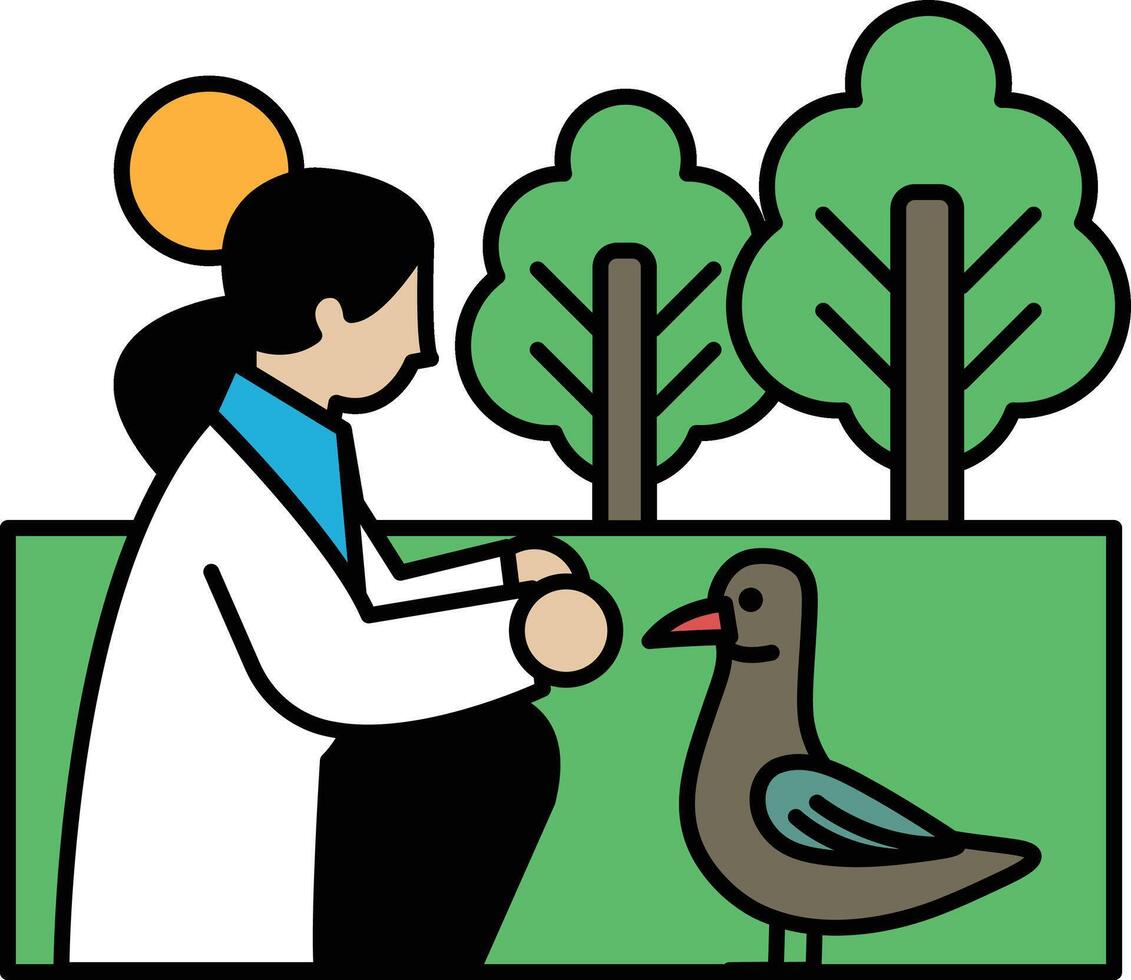 A woman in a white lab coat is sitting on the ground next to a bird vector