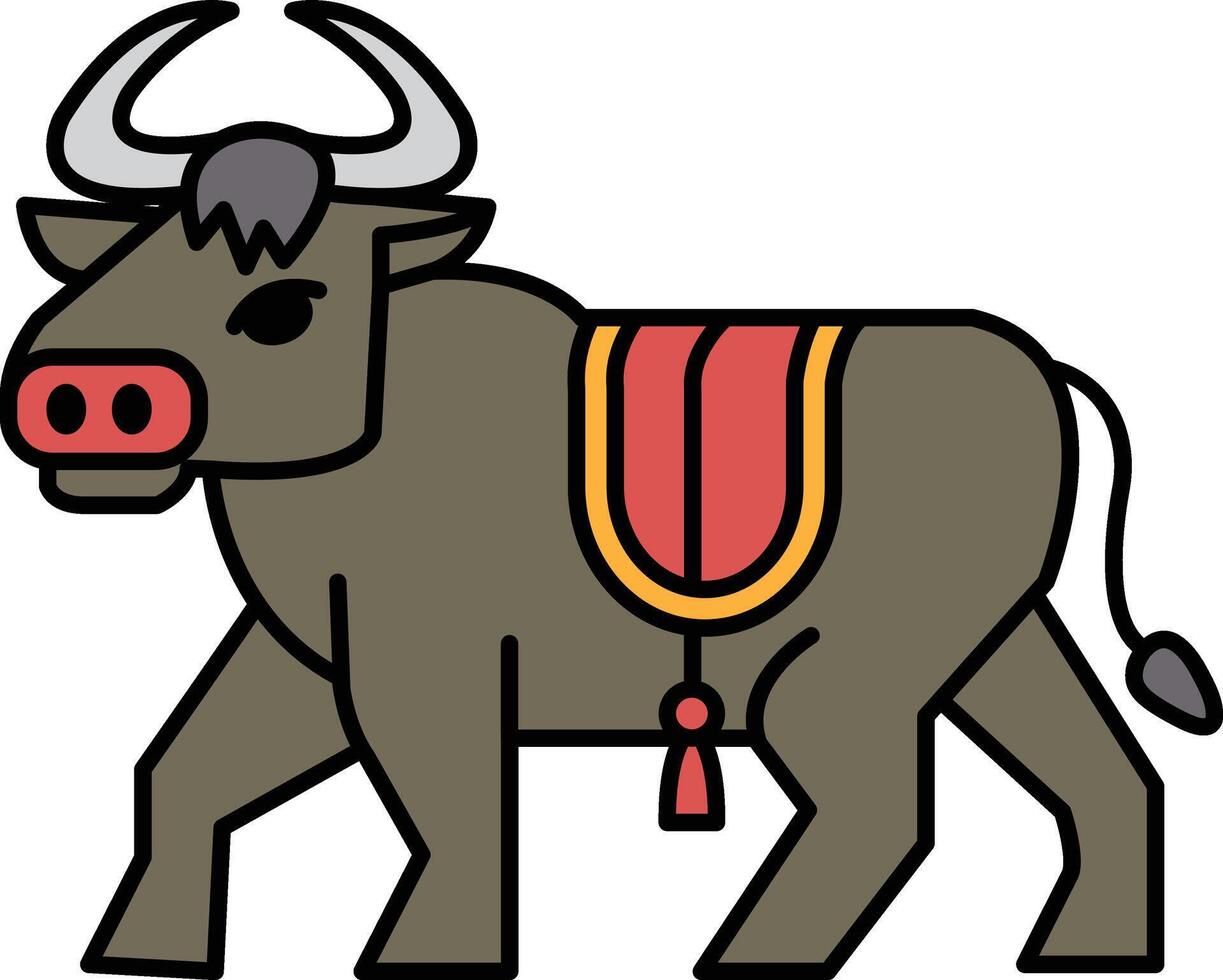 A cartoon cow with a red and yellow saddle on its back vector