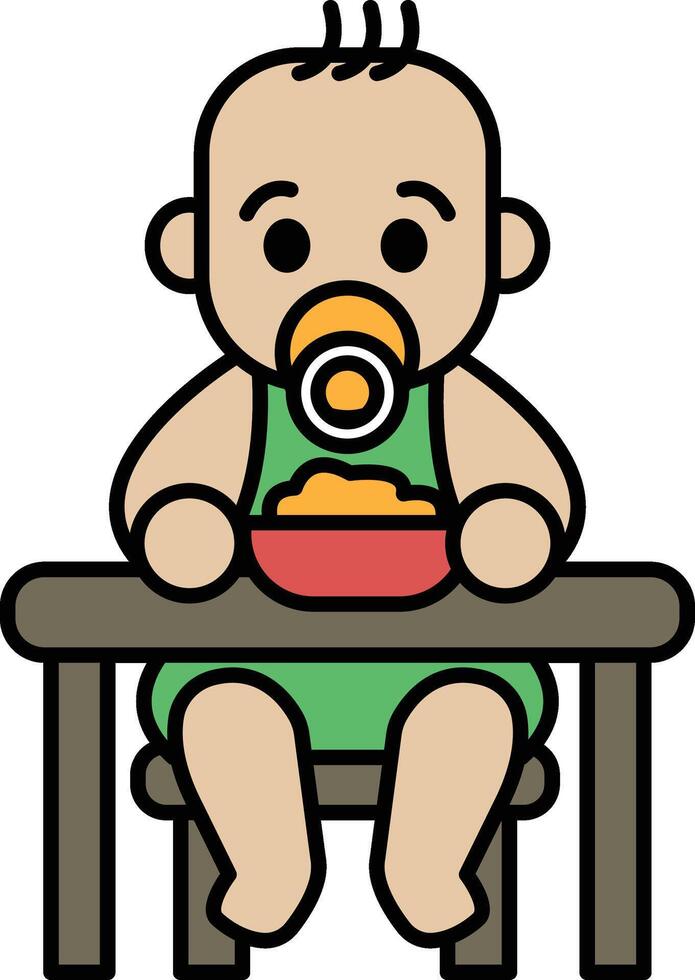 A baby is sitting at a table with a bowl of food in front of him vector