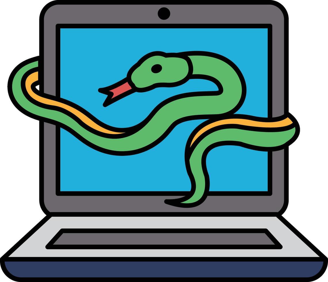 A green and yellow snake is wrapped around a laptop computer vector