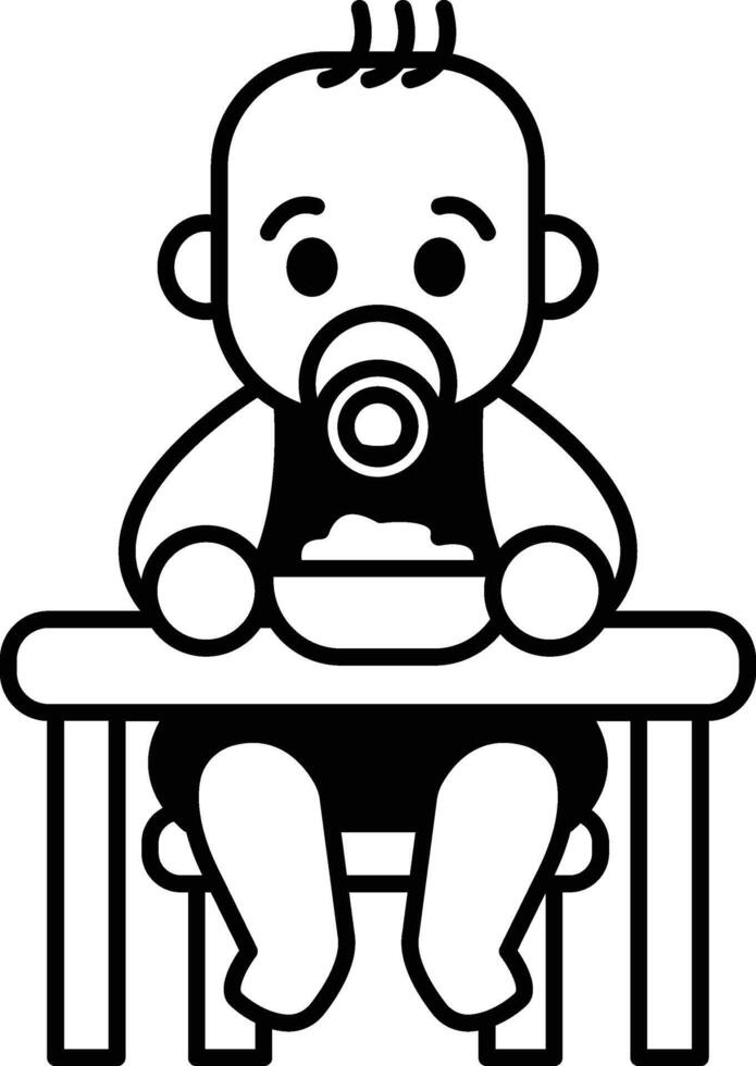 A baby is sitting at a high chair with a bottle in his mouth vector