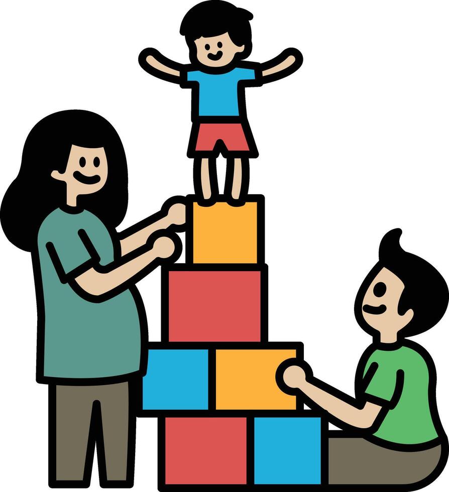 A woman and two children are building a tower out of blocks vector