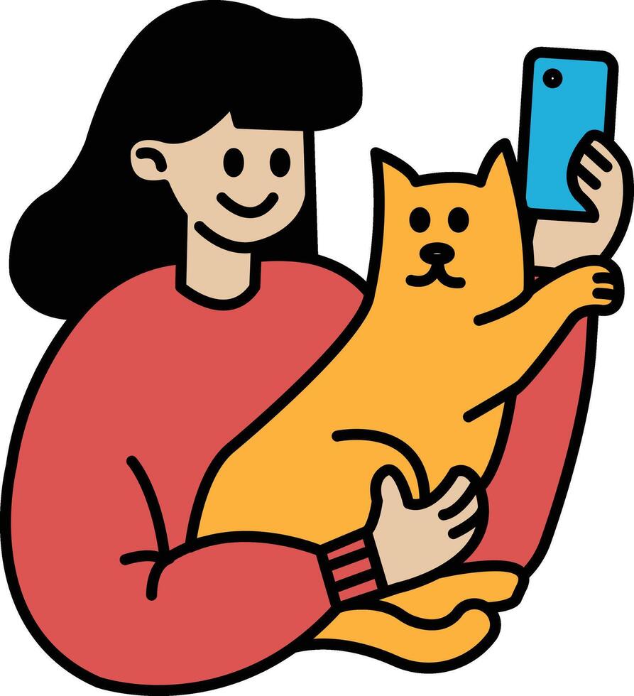 A woman is holding a cat and taking a picture of it with her phone vector