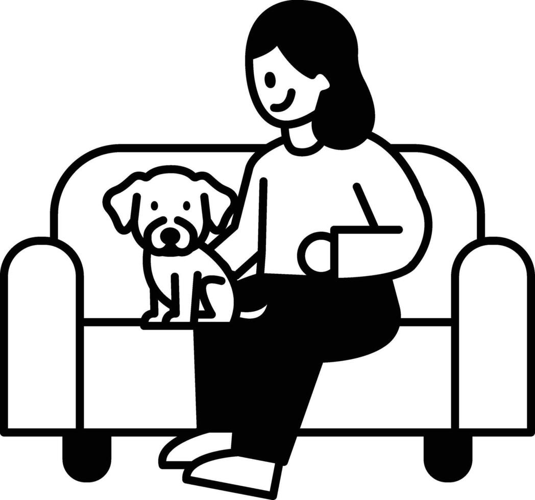 A woman sits on a couch with a dog vector