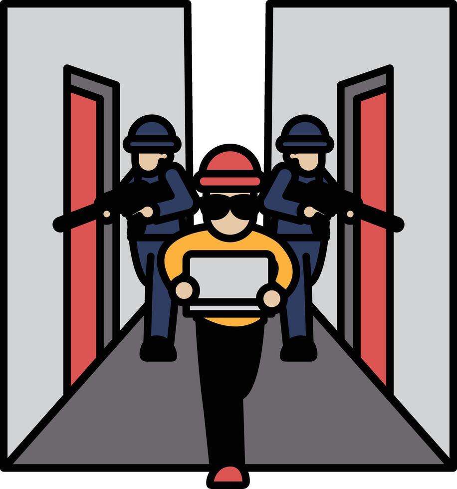Three men are running down a hallway, one of them holding a laptop vector