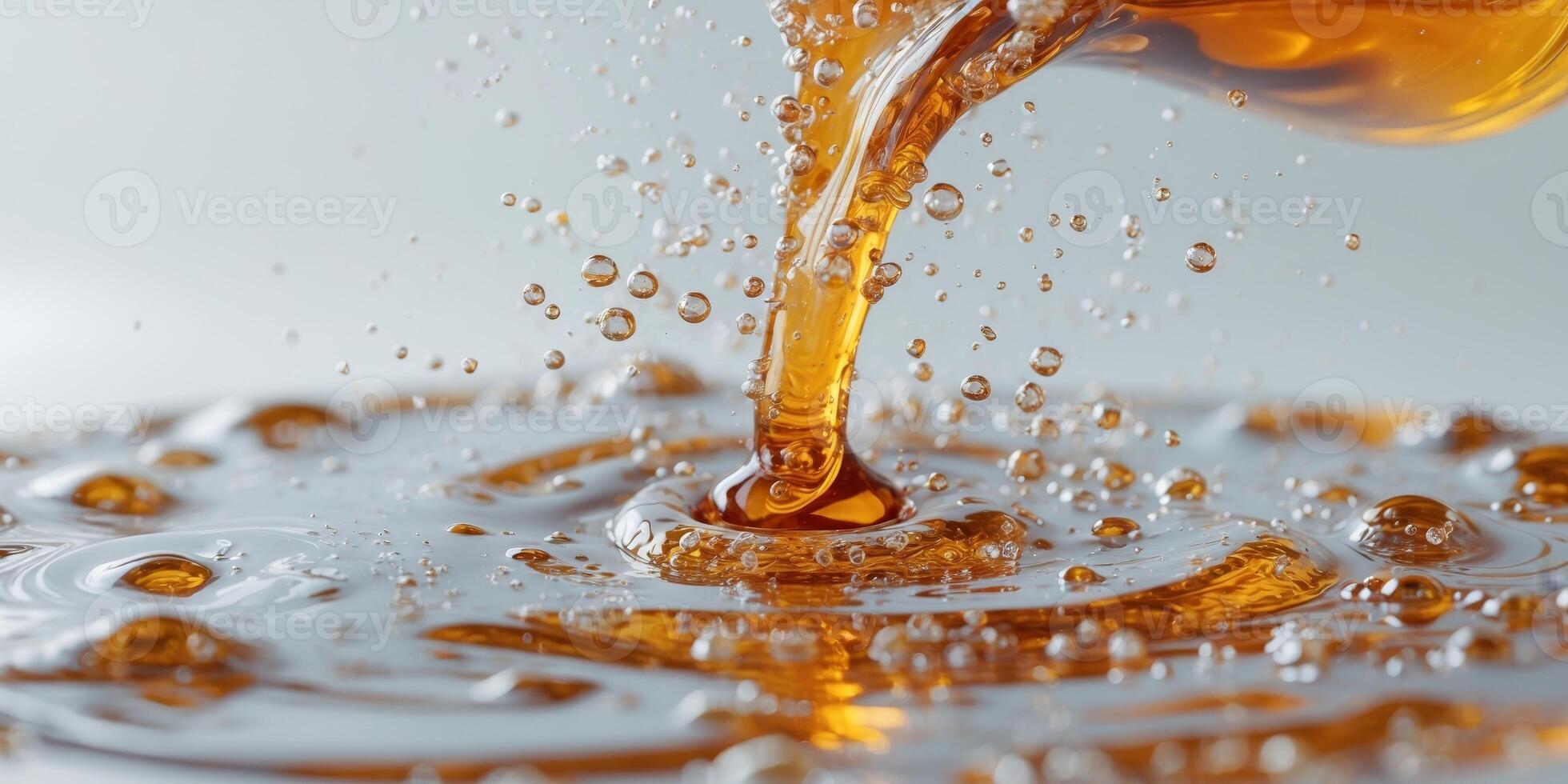 Amber Liquid Pouring Creating Swirling Ripples and Bubbles Close Up Macro Shot photo