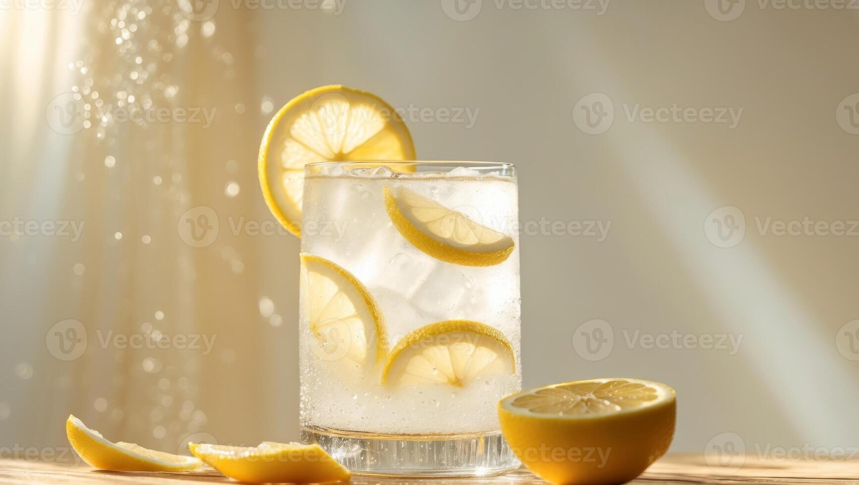 Refreshing Lemonade With Ice and Fresh Lemon Slices on a Sunny Table photo