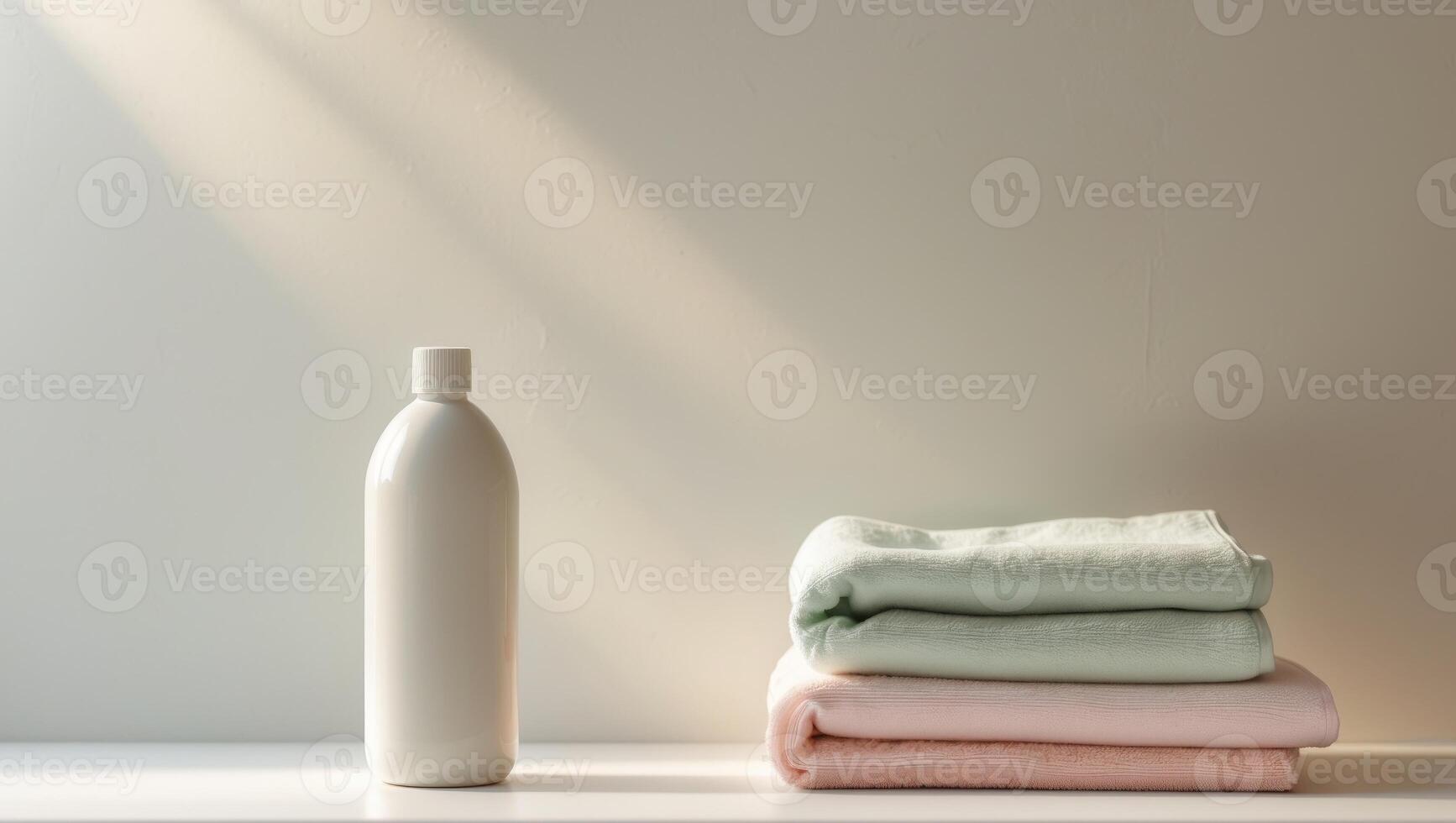 Bottle of fabric detergent and a pile of clean towels in the laundry room. photo