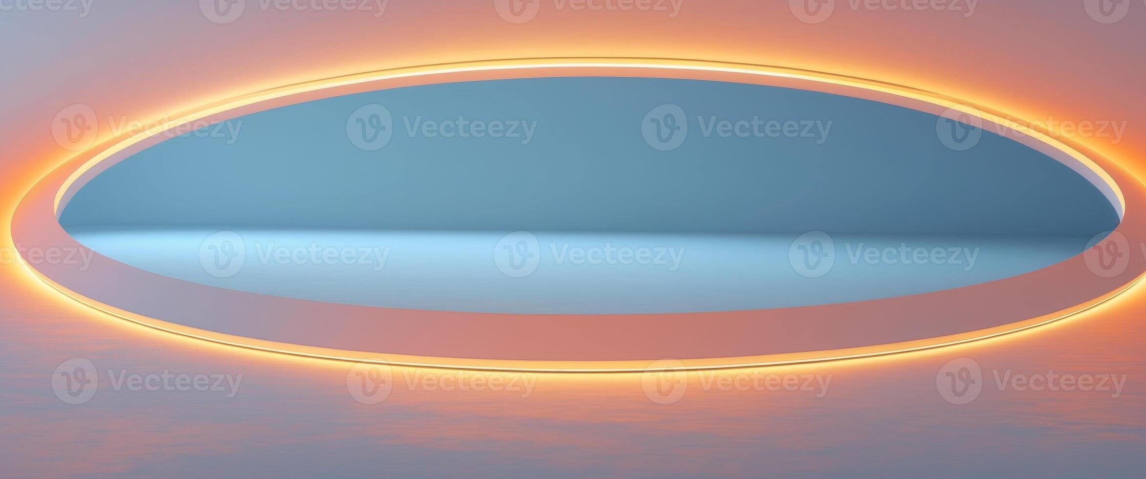 Illuminated round stage with vibrant orange lights and soft blue background photo