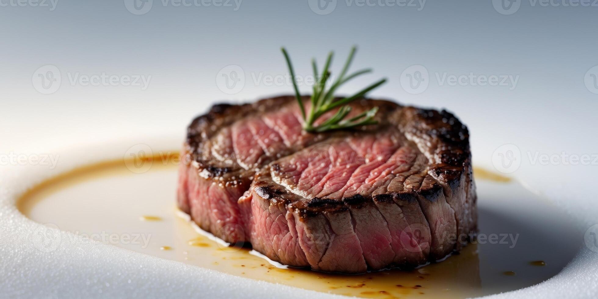 A perfectly seared rare beef filet mignon steak. photo