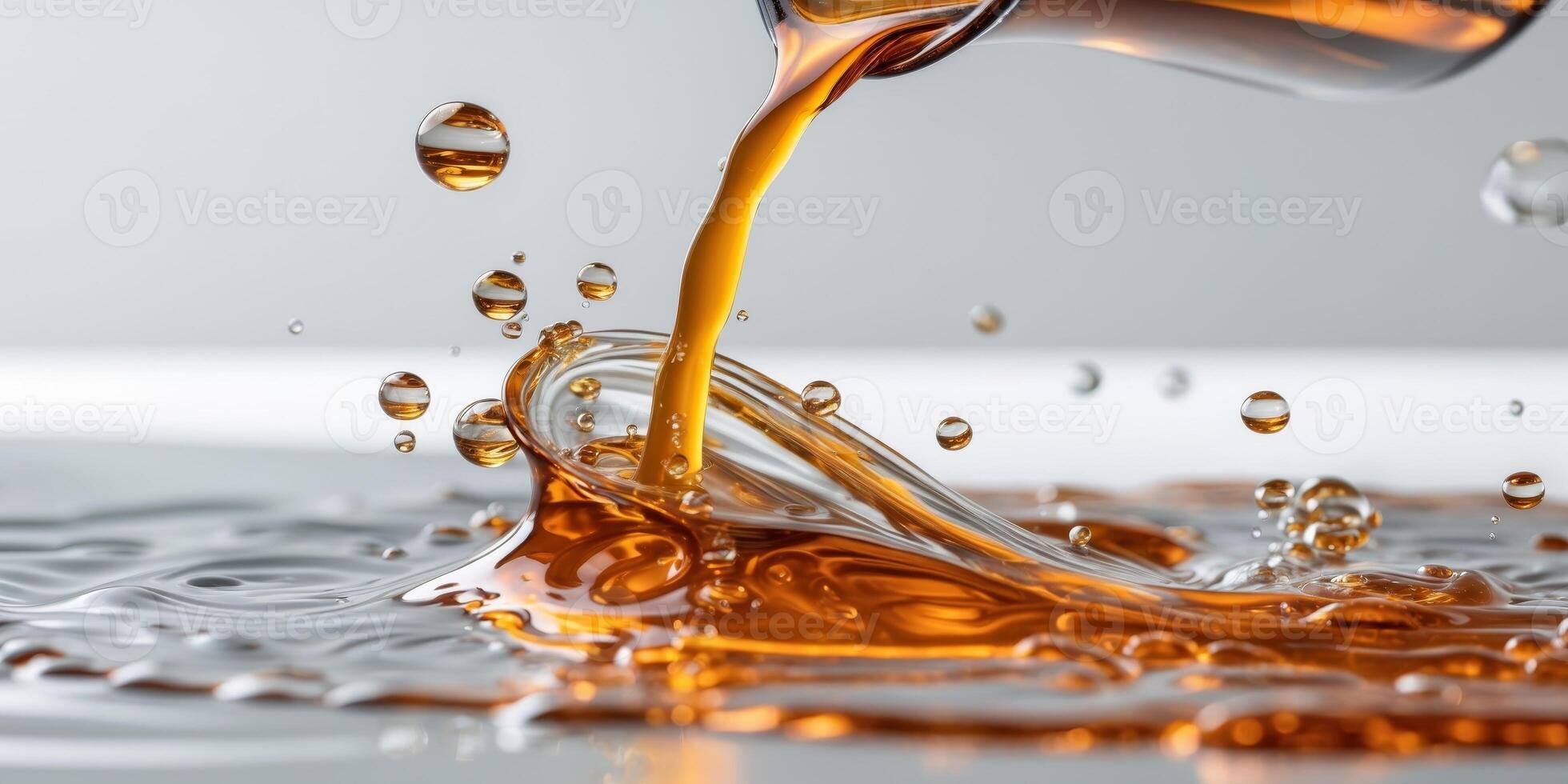 Amber Liquid Pouring Creating Swirling Ripples and Bubbles Close Up Macro Shot. photo