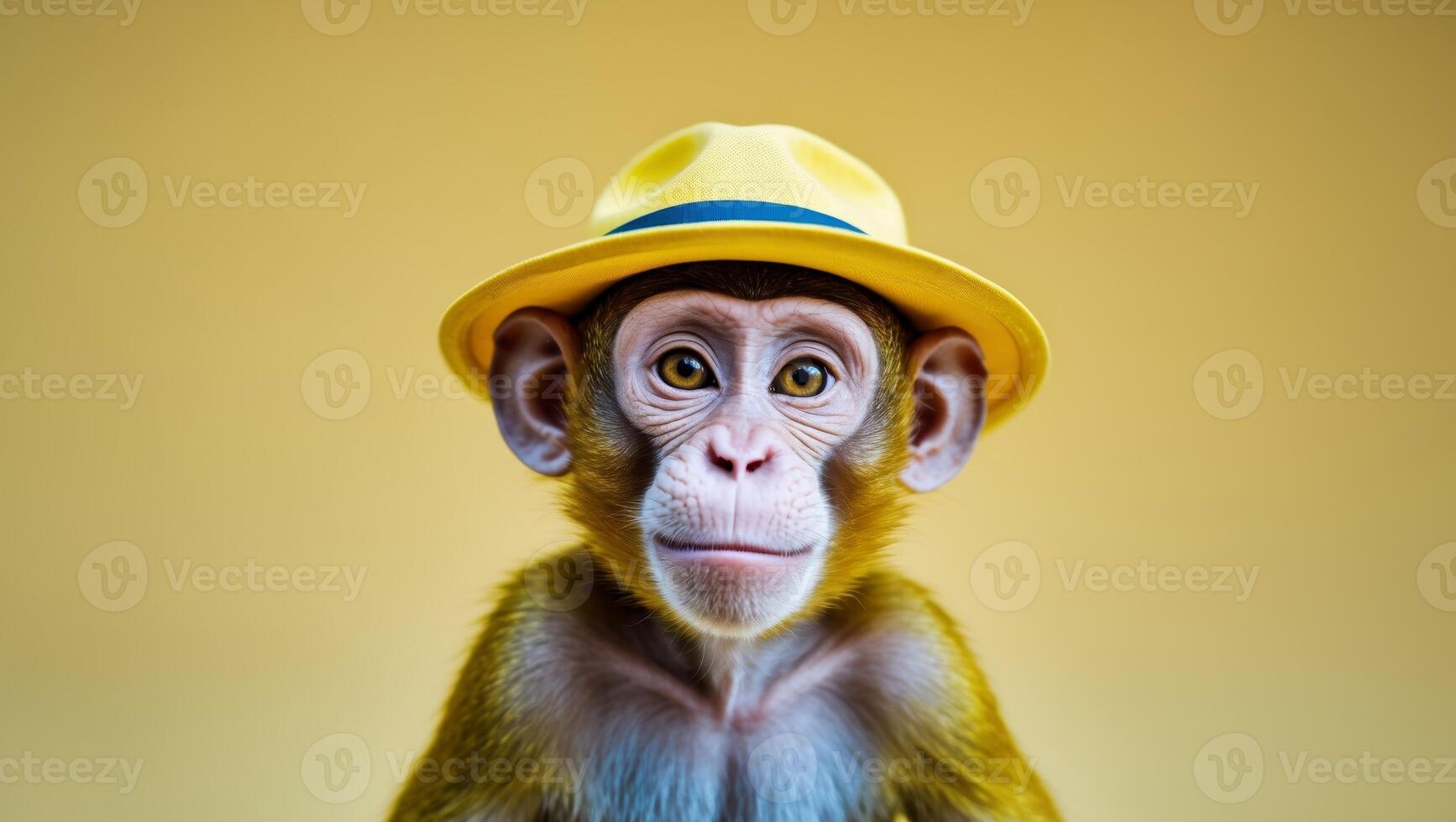 Funny monkey in a yellow hat on a yellow background. photo