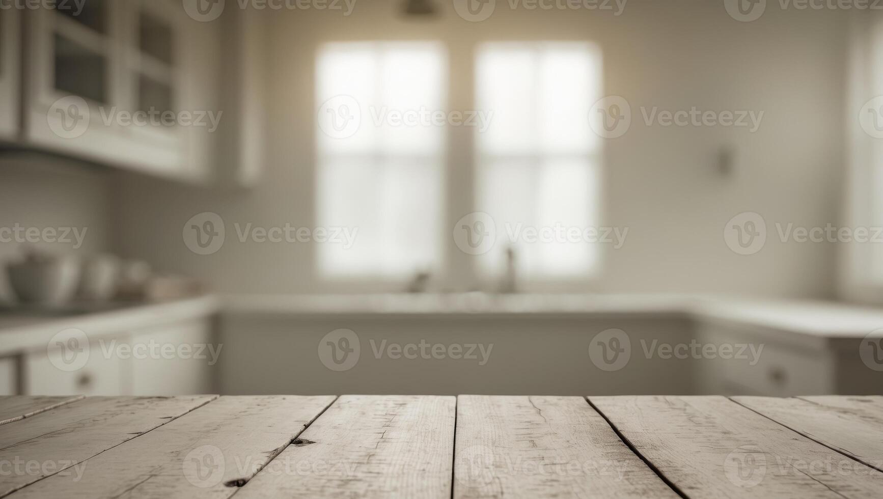 Empty wooden tabletop with blurred kitchen background with windows. photo