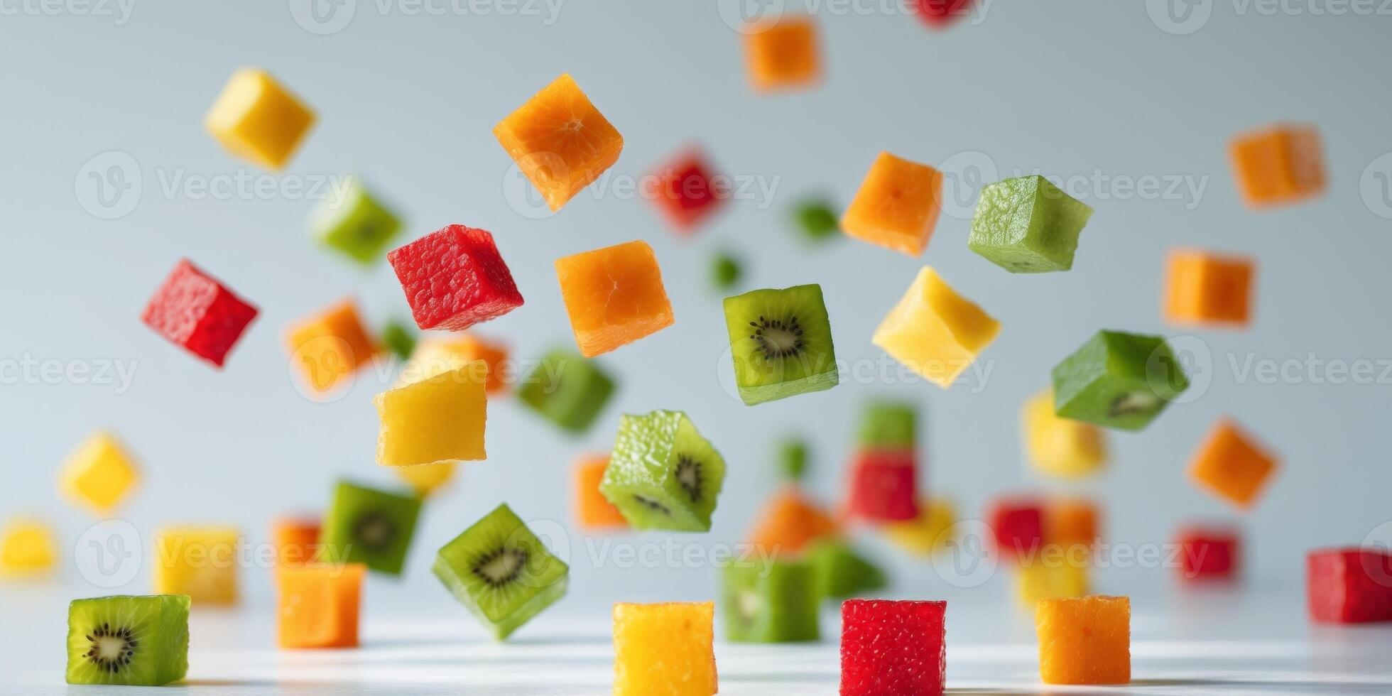 Refreshing splash with colorful fruit cubes. photo