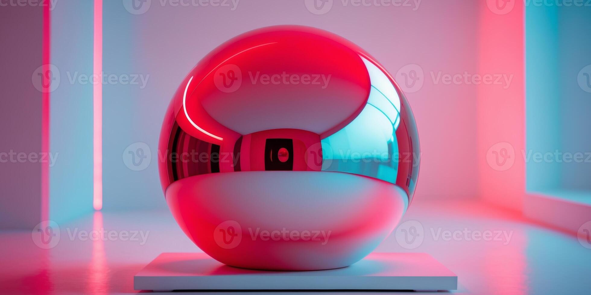 A Reflective Sphere Resting on a Platform with Red and Blue Lighting. photo