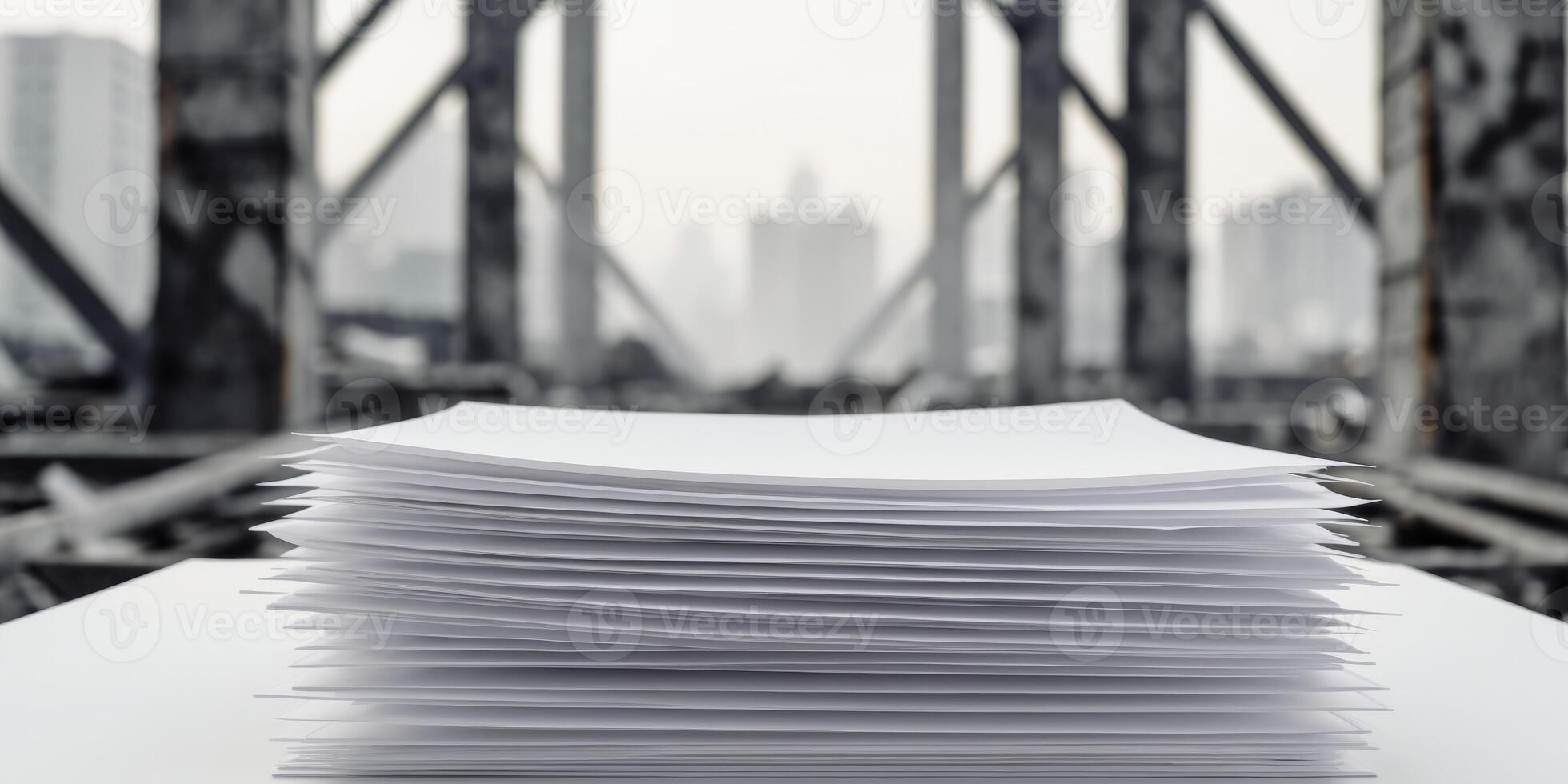 Stacked white paper sheets on a construction site with wooden beams and distant buildings. photo