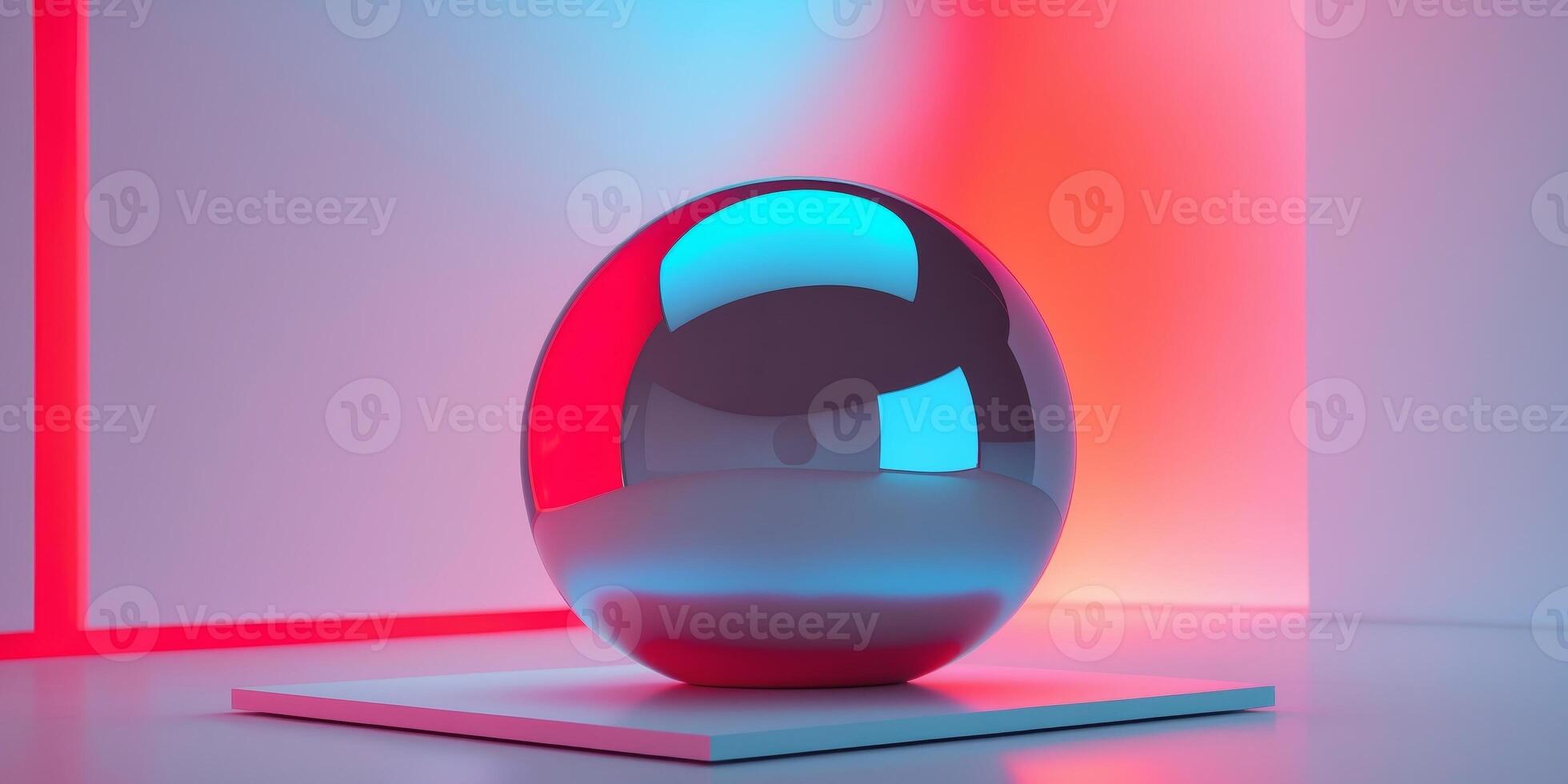 A Reflective Sphere Resting on a Platform with Red and Blue Lighting photo