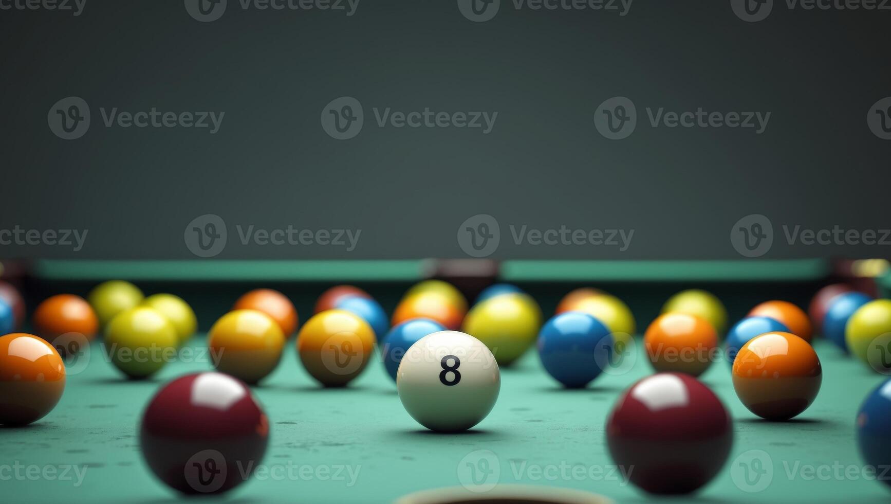 Eight Ball on Pool Table with Colorful Balls. photo