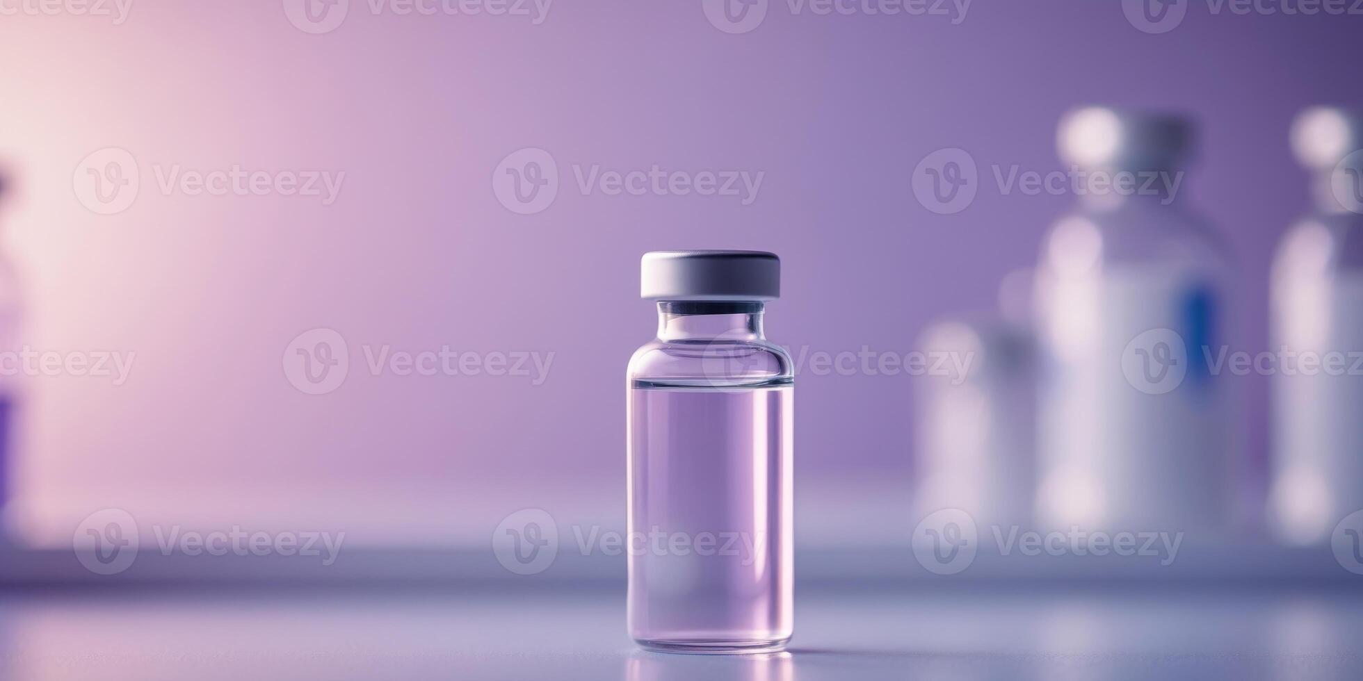 Medical Vaccine Vial Glass Bottle Healthcare Science Laboratory Purple Pink Lighting Research. photo