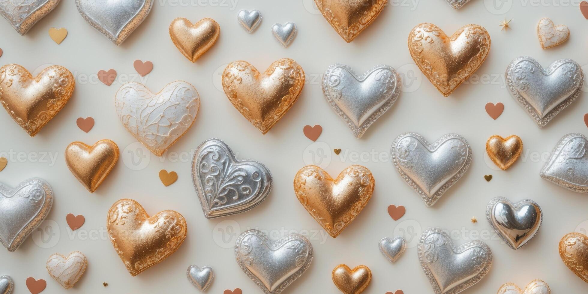 Glittering gold and silver hearts scattered on light background. photo