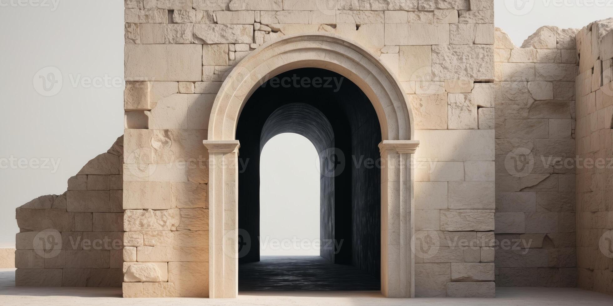 A Stone Archway Leading to a Dark Interior in an Ancient Structure. photo