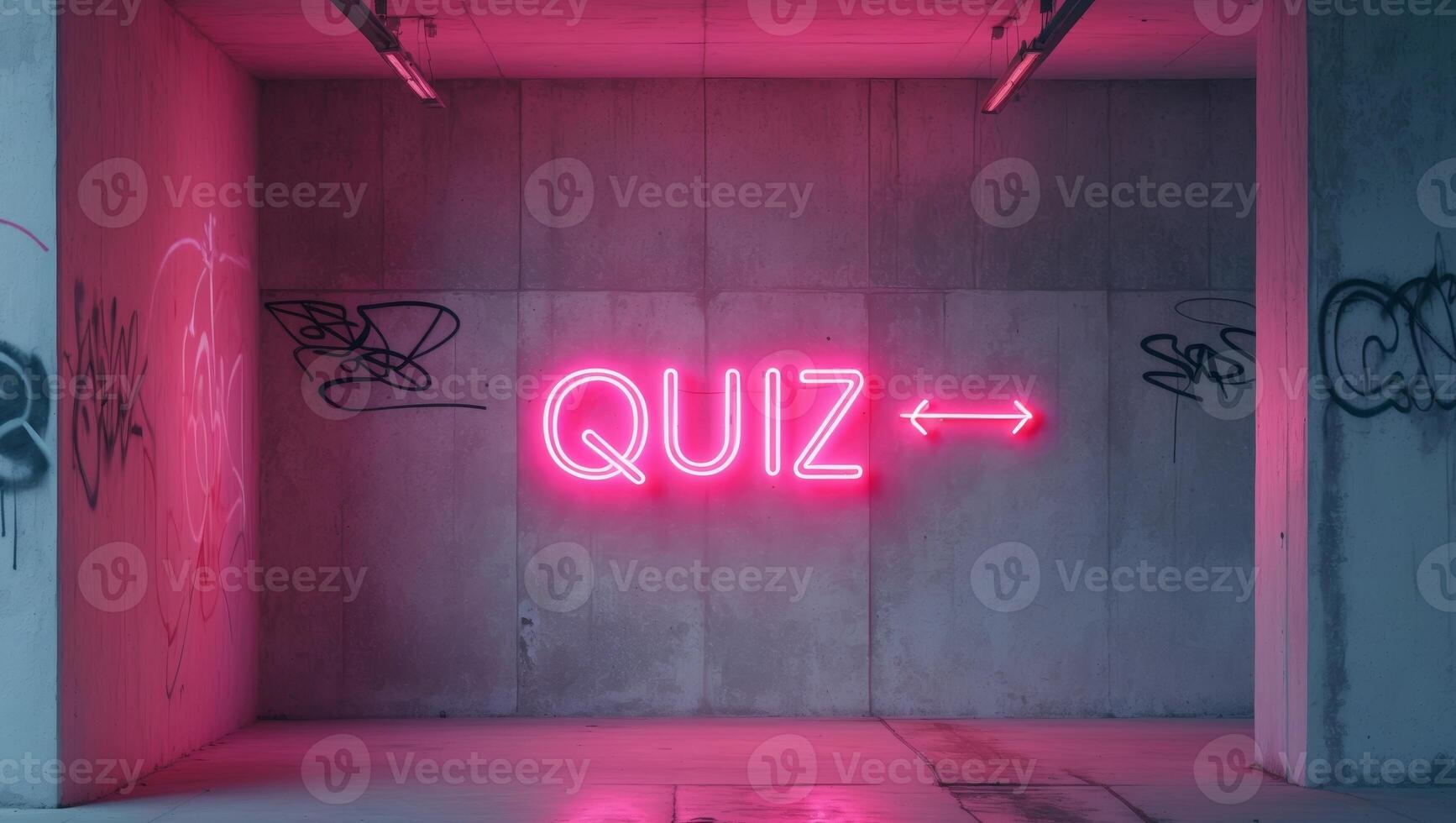 Neon sign quiz with arrow glowing pink on wall. photo
