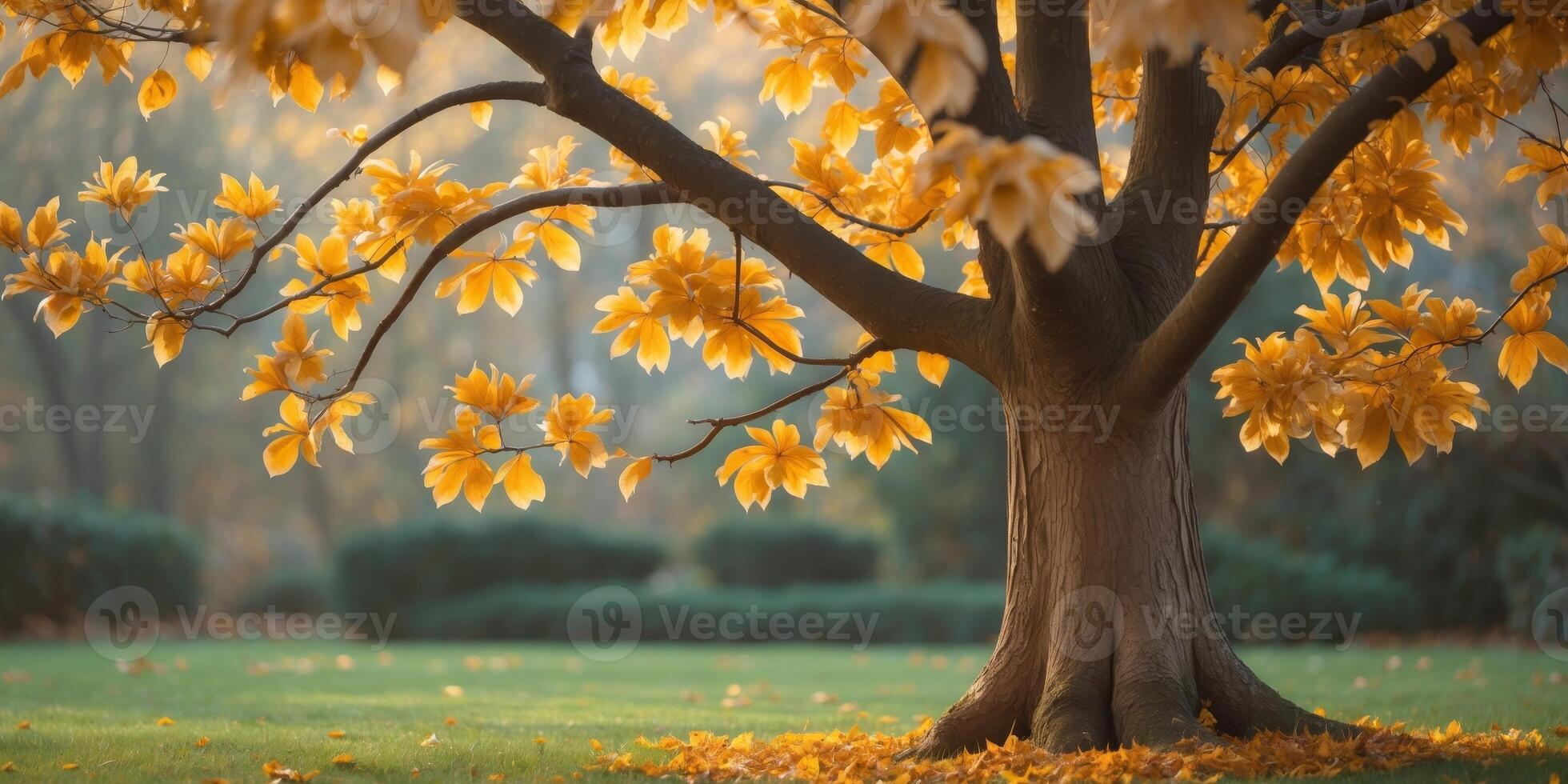 Magnolia Tree Adorned With Golden Autumn Leaves Creates a Warm and Nostalgic Atmosphere in a Peaceful Garden Setting photo