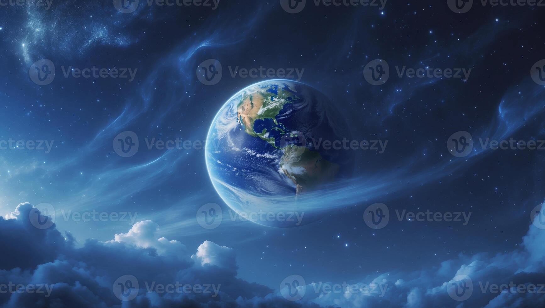 Earth planet in cosmos with vibrant clouds and stars. photo