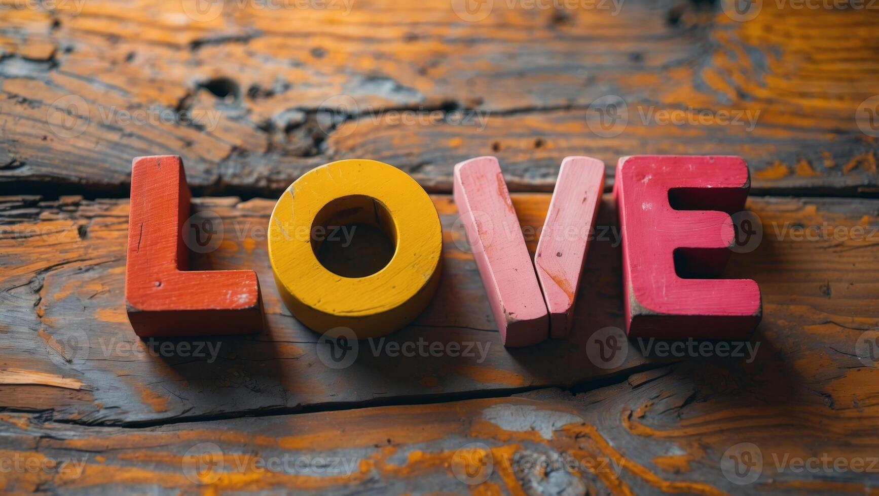 Four colorful wooden toy blocks spelling the word love sit on a rustic wooden surface. photo