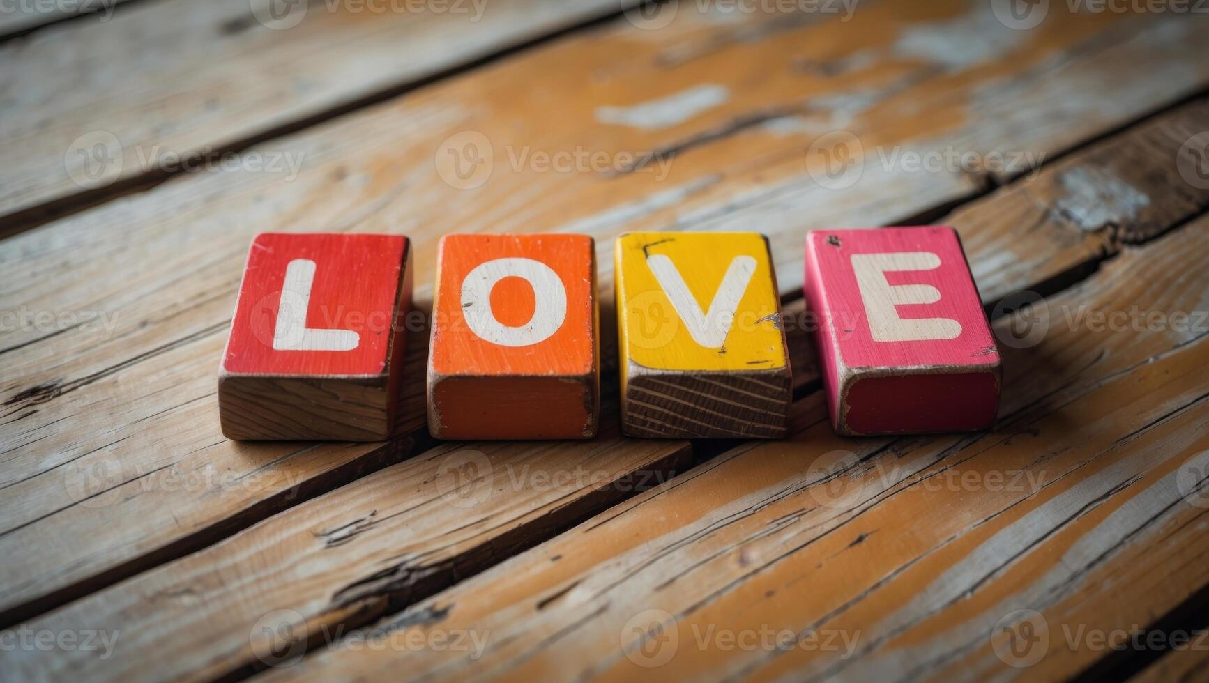 Four colorful wooden toy blocks spelling the word love sit on a rustic wooden surface photo