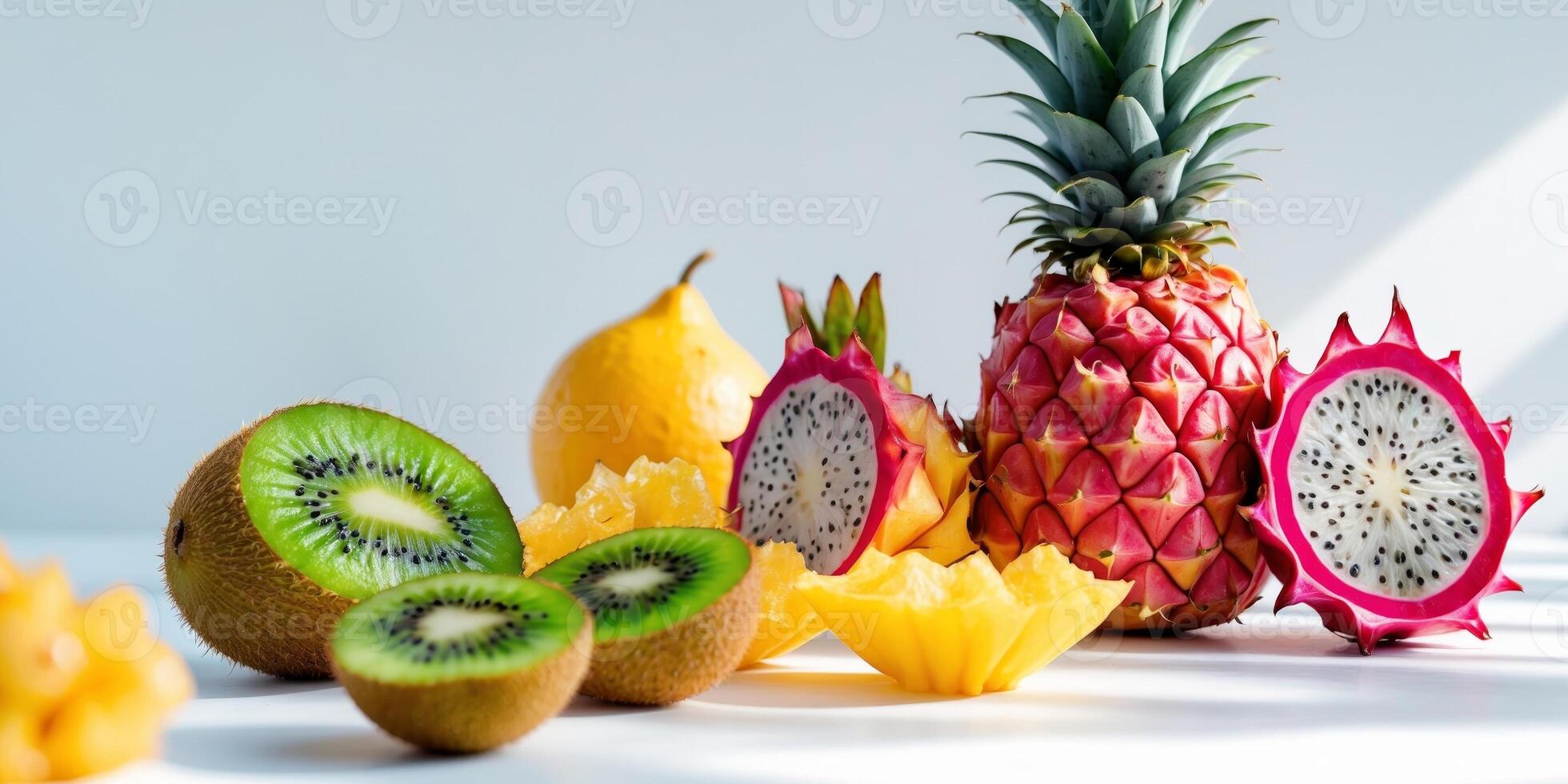 Bright and vibrant display of exotic fruits showcasing unique textures and colors. photo