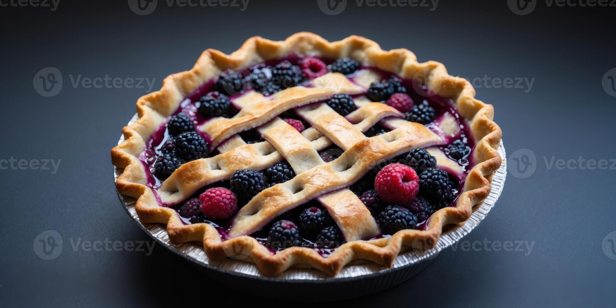 Delicious berry pie with lattice crust on dark background. photo