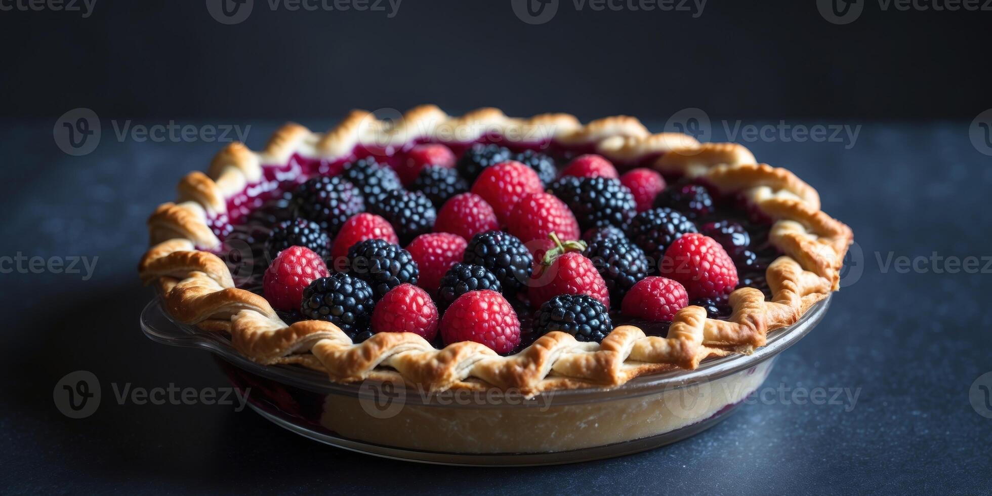 Delicious berry pie with lattice crust on dark background photo