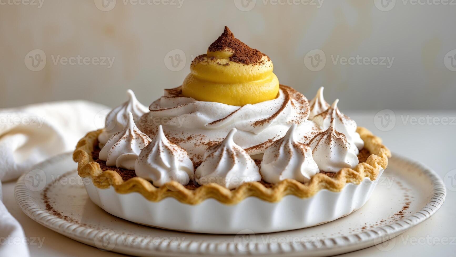 Close up of a meringue pie with lemon cream and chocolate powder on a white plate. photo