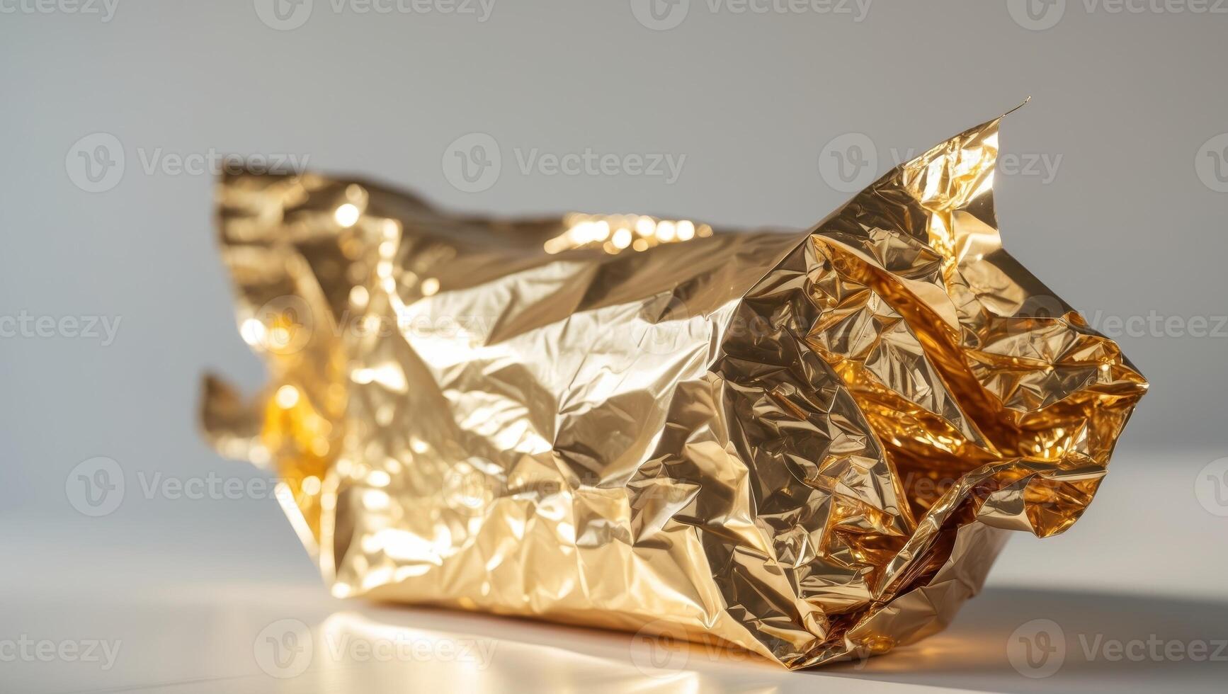 Luxurious golden foil wrapper with crinkled texture reflecting light in soft folds for a shimmering effect photo